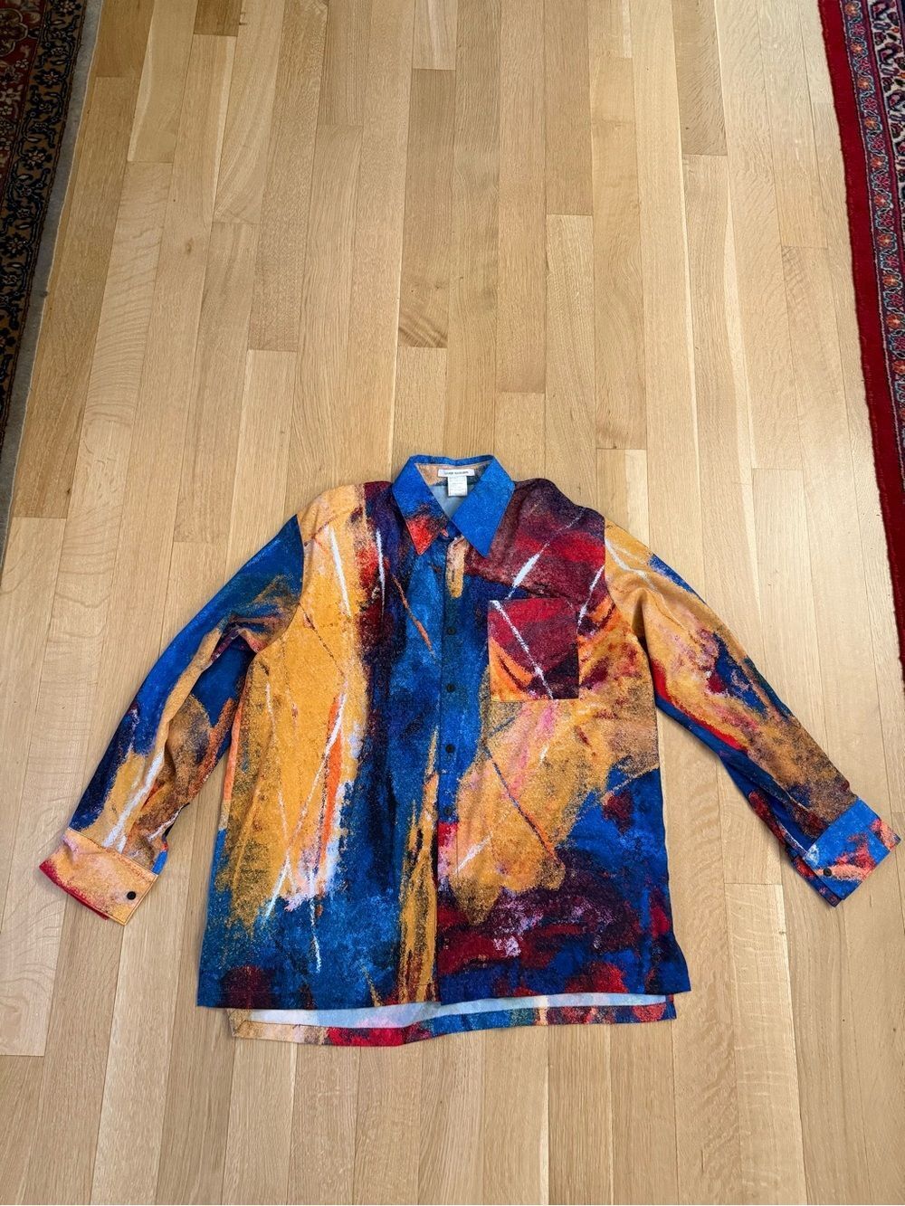 Abstract Paint-Splatter Button-Up Shirt in Blue, Yellow, Red - Picture 1 of 6
